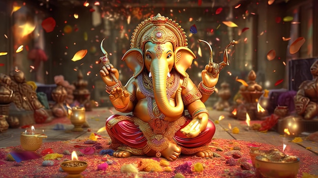 Photo a the god ganesh with flowers and candles lighting oil lamps for the diwali celebrations