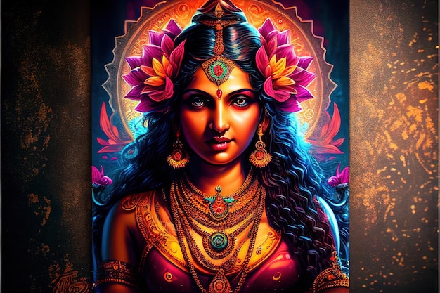 God Laxmi with Lotus big hairs colorful Generative AI