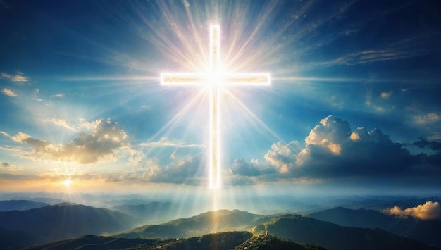 사진 하늘에 있는 하나님의 빛은 십자가의 형태로 신성한 인공지능을 상징한다.