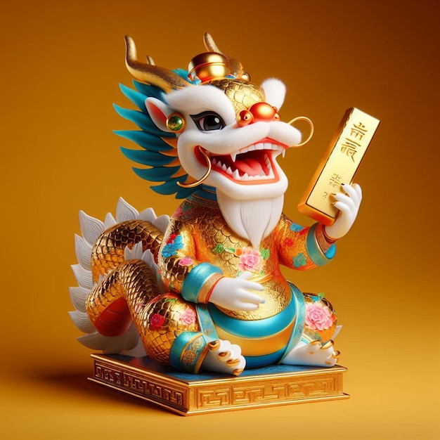 God of Fortune neemt de vorm aan van een geanimeerde 3D Chinese draak en zit op een klein voetstuk