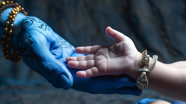 God Shiva houdt de hand van een baby vast.