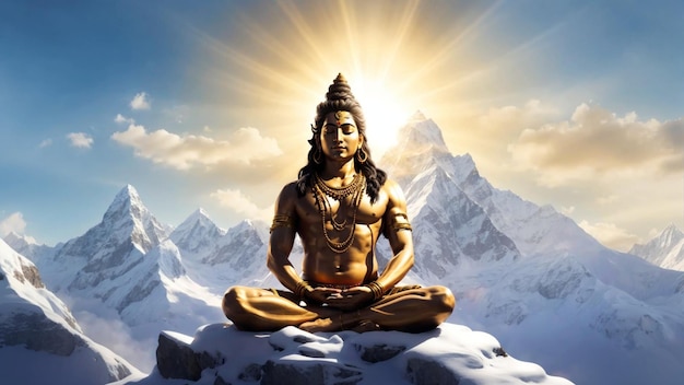 God Shiva mediteert Himalaya met prachtige zon op de achterkant_Lord Shiva mediteert