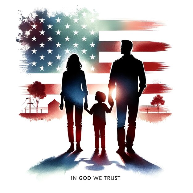 In god we trust watercolor illustration with a silhouette of a family holding hands