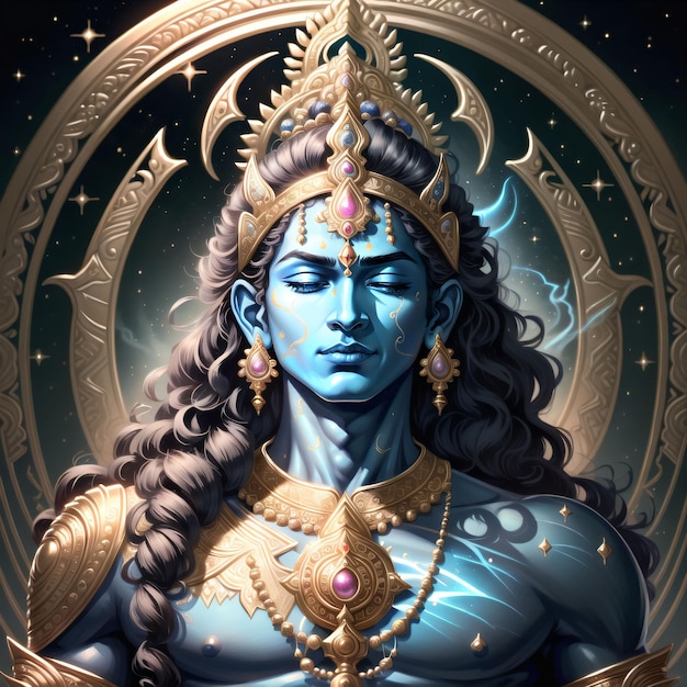 A god with a blue body and gold ornaments