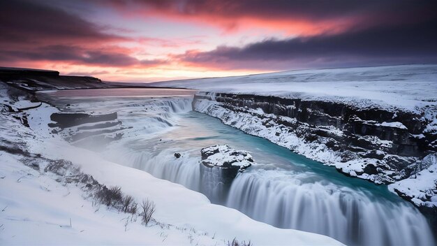 Godafoss waterfall at sunset in winter iceland