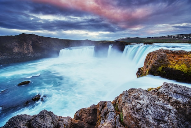 Godafoss waterfall at sunset.