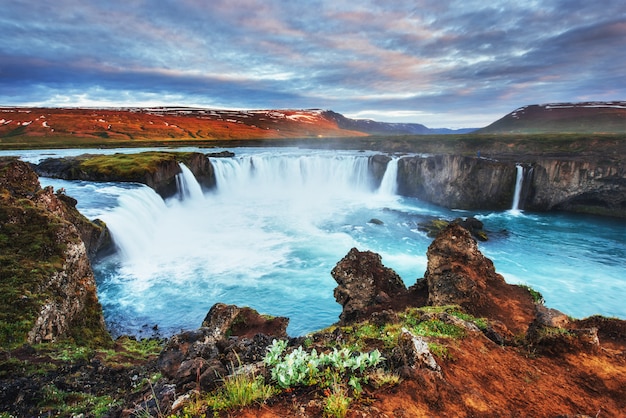 Godafoss waterfall at sunset.