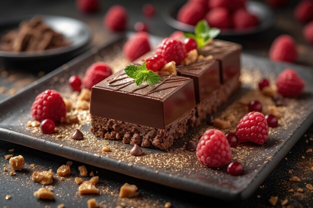 Goddelijk chocolade dessert met frambozen en noten