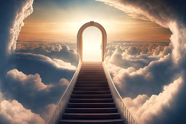Goddelijke boog in wolken aan het einde van de trap naar de hemel