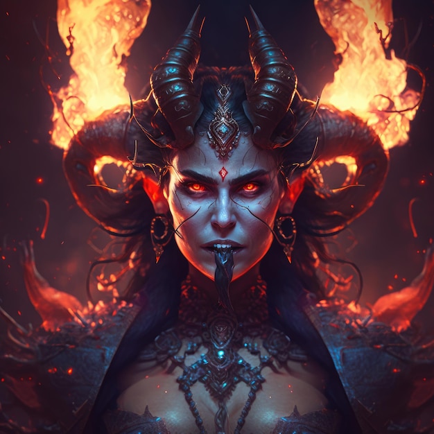 Premium AI Image | goddess demon on fire and horns in the style of realist