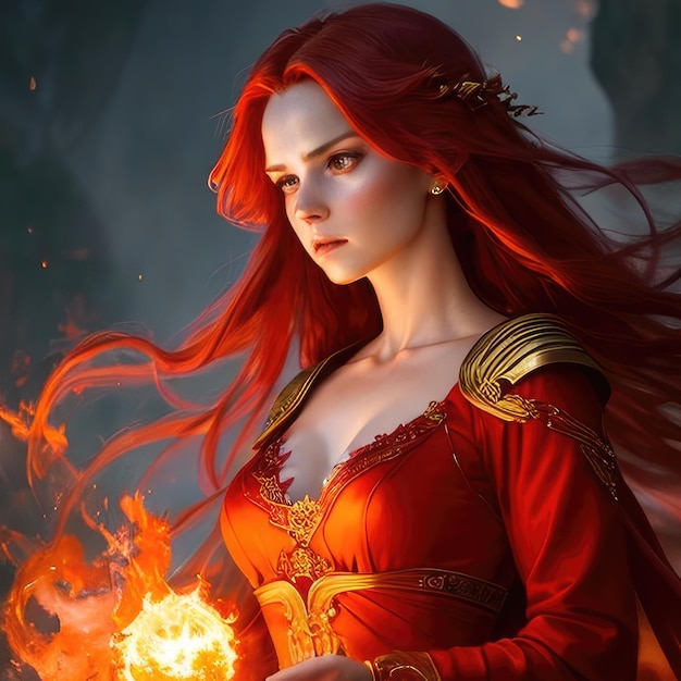 Goddess incandescent skin flowing crimson hair that dances like flames fire robe