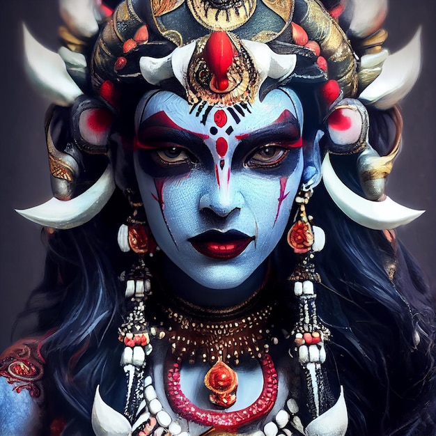 女神カーリーの肖像画イラスト ヒンズー教の神 Mahakali Bhadrakali または Kalika