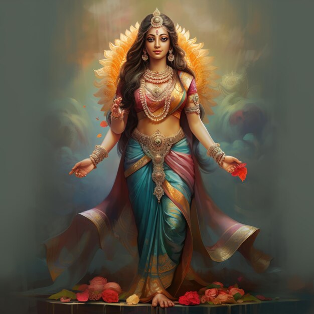 디발 (Diwal) 이라는 빛의 축제에 대한 여신 라크슈미 (Lakshmi) 축하 카드 디자인