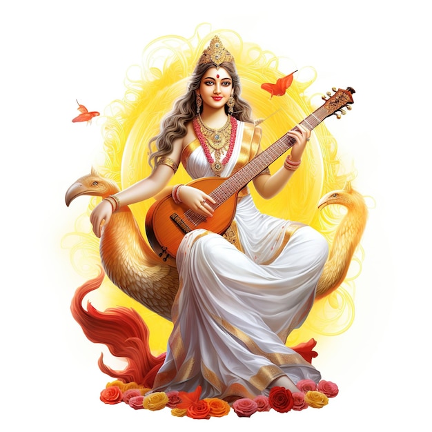 Goddess Saraswati Gelukkige Vasant Panchami Puja zittend op lotus muziekinstrument Ai gegenereerd