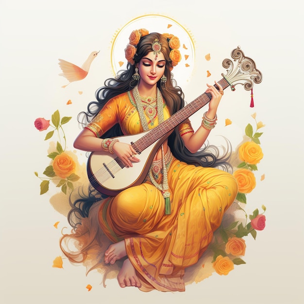여신 Saraswati 행복한 Vasant Panchami Puja 로터스 악기에 앉아 Ai 생성