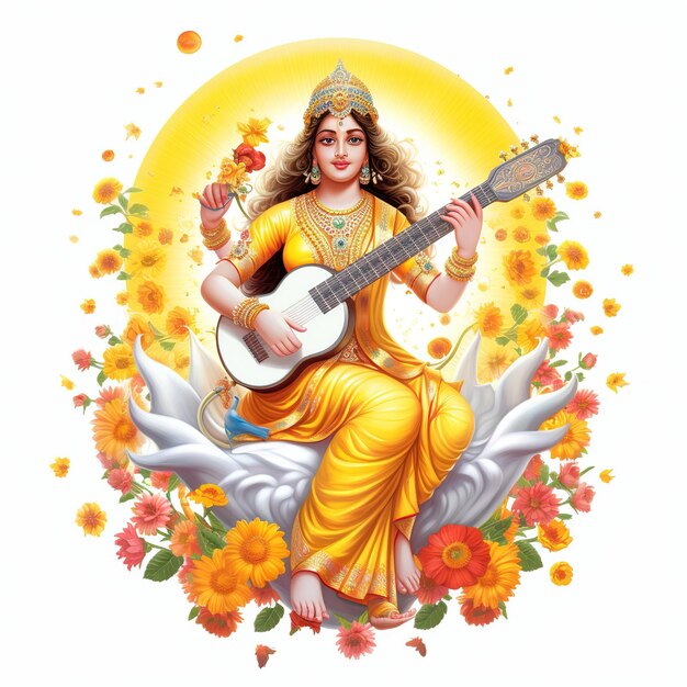 여신 Saraswati 행복한 Vasant Panchami Puja 로터스 악기에 앉아 Ai 생성