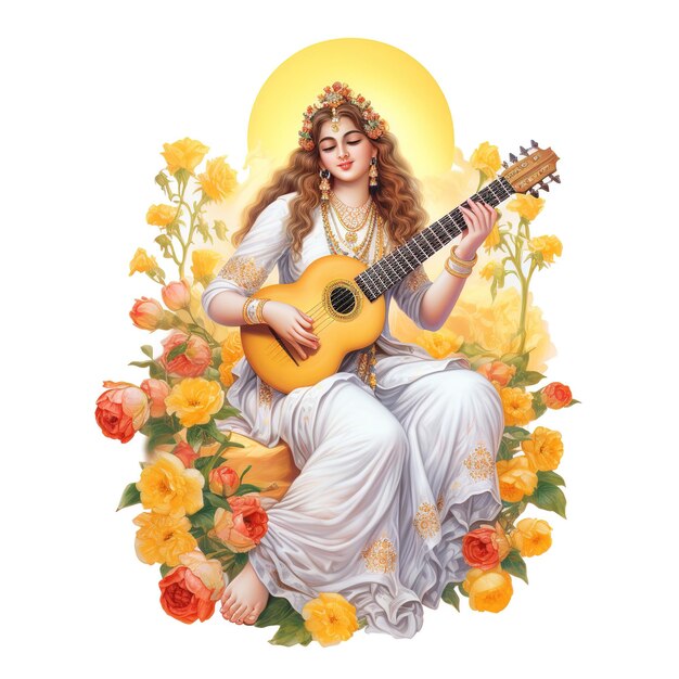 Богиня Сарасвати Счастливый Васант Панчами Пуджа сидит на музыкальном инструменте Лотоса Ай