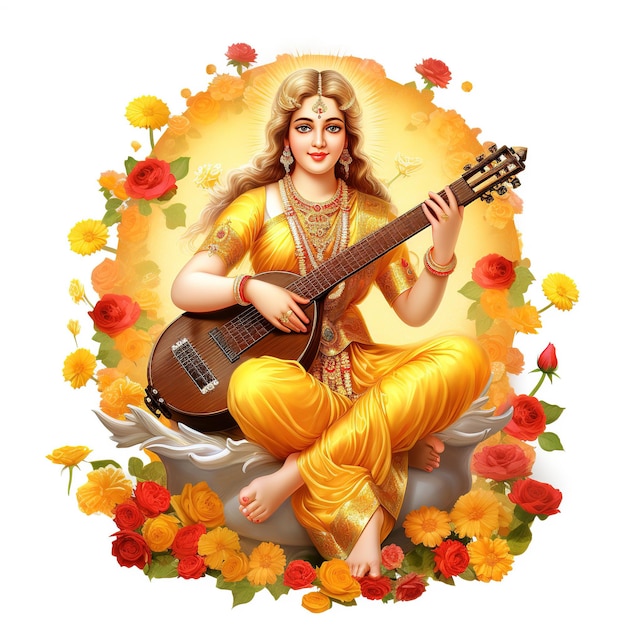 여신 Saraswati 행복한 Vasant Panchami Puja 로터스 악기에 앉아 Ai 생성