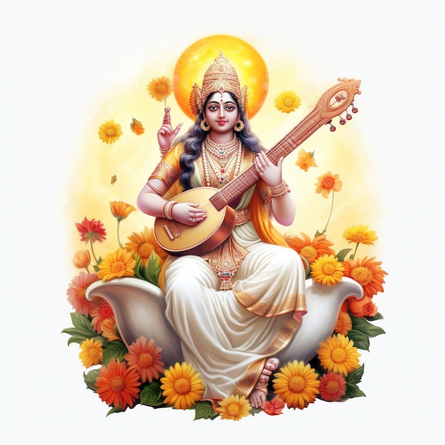 Photo goddess saraswati happy vasant panchami puja sitting on lotus musical instrument ai generated