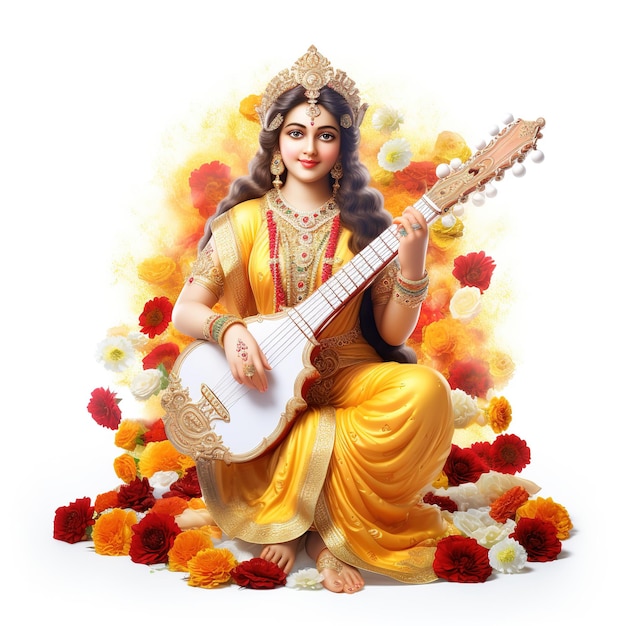 Photo goddess saraswati happy vasant panchami puja sitting on lotus musical instrument ai generated