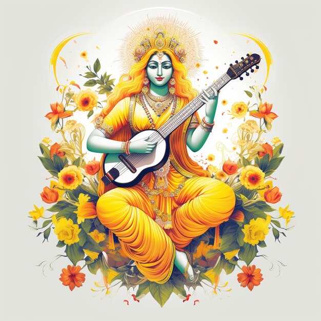 Goddess Saraswati Happy Vasant Panchami Puja sitting on lotus musical instrument Ai Generated