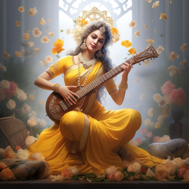 Foto dea saraswati felice vasant panchami puja seduta su uno strumento musicale di loto ai generated