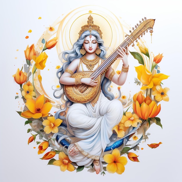 Photo goddess saraswati happy vasant panchami puja sitting on lotus musical instrument ai generated
