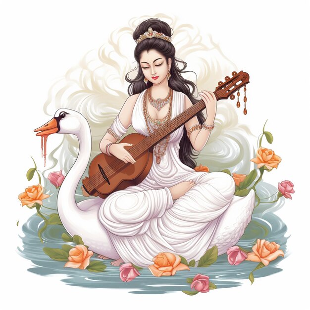 Goddess Saraswati Happy Vasant Panchami Puja sitting on lotus musical instrument Ai Generated