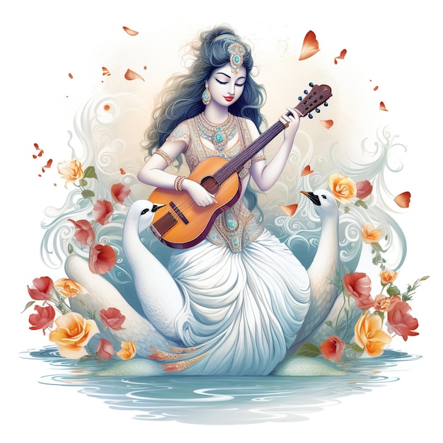 Goddess Saraswati Happy Vasant Panchami Puja sitting on lotus musical instrument Ai Generated