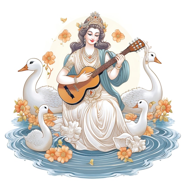 Photo goddess saraswati happy vasant panchami puja sitting on lotus musical instrument ai generated