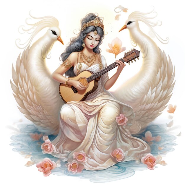 Foto la dea saraswati felice vasant panchami puja seduta su uno strumento musicale di loto ai generato