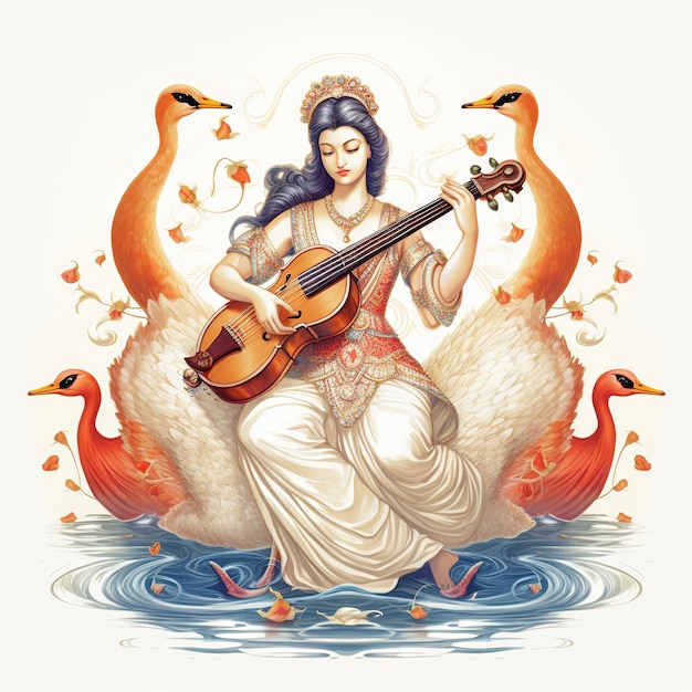 Goddess Saraswati Happy Vasant Panchami Puja sitting on lotus musical instrument Ai Generated