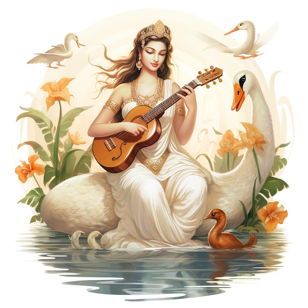 Goddess Saraswati Happy Vasant Panchami Puja sitting on lotus musical instrument Ai Generated