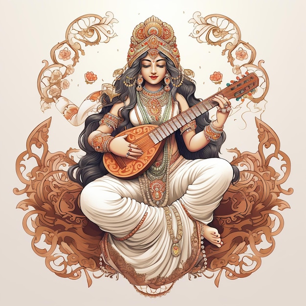 여신 Saraswati 행복한 Vasant Panchami Puja 로터스 악기에 앉아 Ai 생성