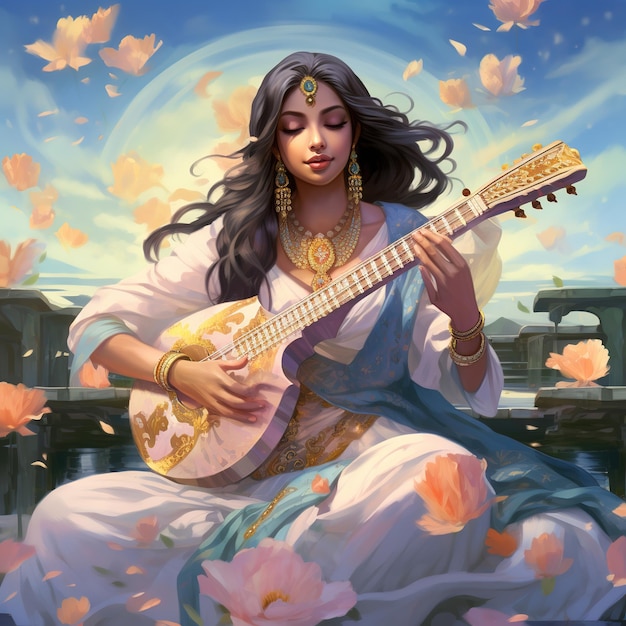 Goddess Saraswati Happy Vasant Panchami Puja sitting on lotus musical instrument Ai Generated