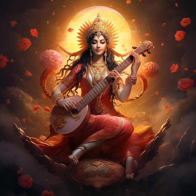 Saraswati 여신 Happy Vasant Panchami Puja는 연꽃 악기 Ai 생성에 앉아 있습니다.