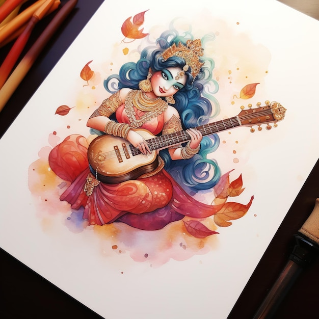 사진 여신 saraswati 행복한 vasant panchami puja 로터스 악기에 앉아 ai 생성