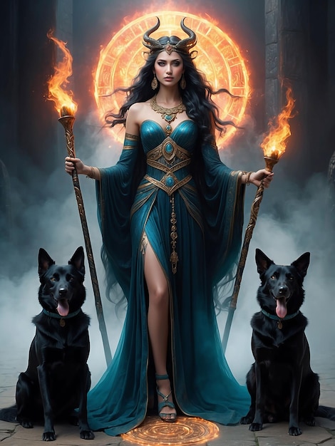 Девочка, похожая на богиню, стоит с огненными жабрами и собакой рядом с ней.