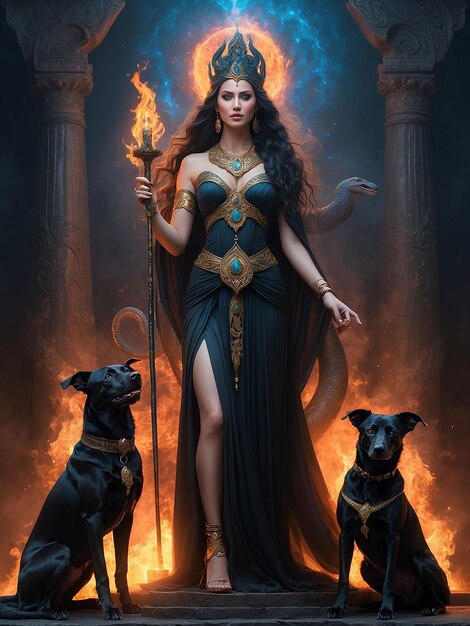 여신과 같은 소녀가 불의 갈비와 그녀의 에 개와 함께 서 있습니다.