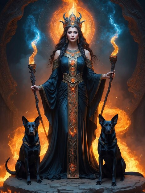 神様のような女の子が火の<unk>と犬を横に立っています