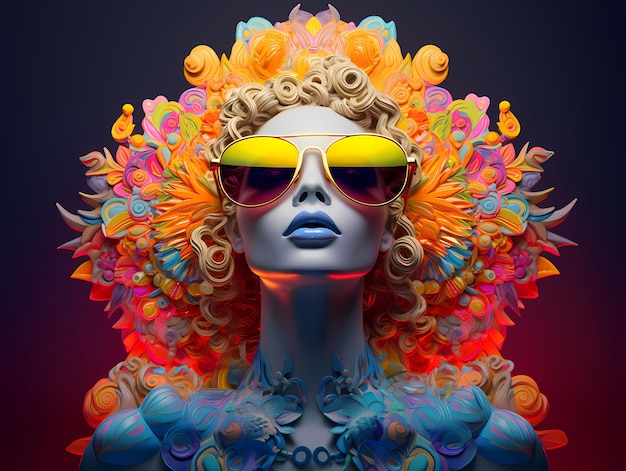 A godess face wearing sunglasses with neon color ornamental elements New age psychedelic design