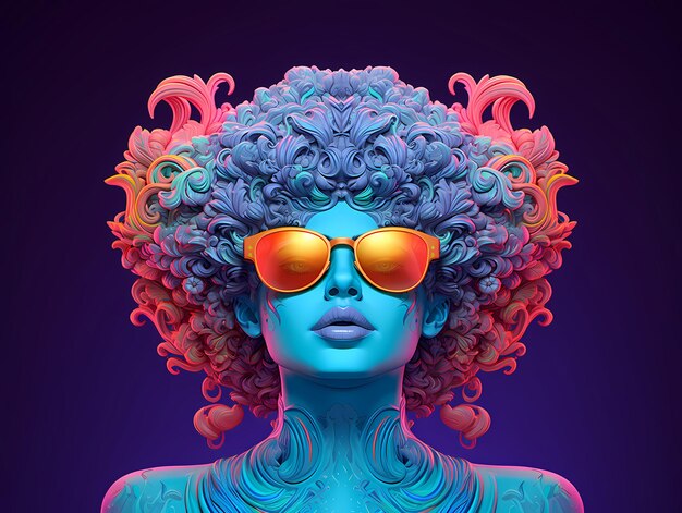 A godess face wearing sunglasses with neon color ornamental elements New age psychedelic design