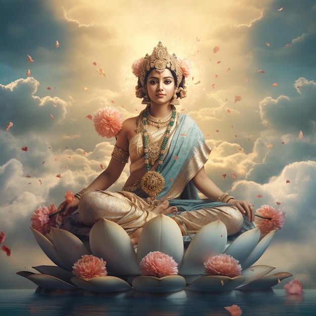 Godess Lakshmi sitting on flower with clouds in the background