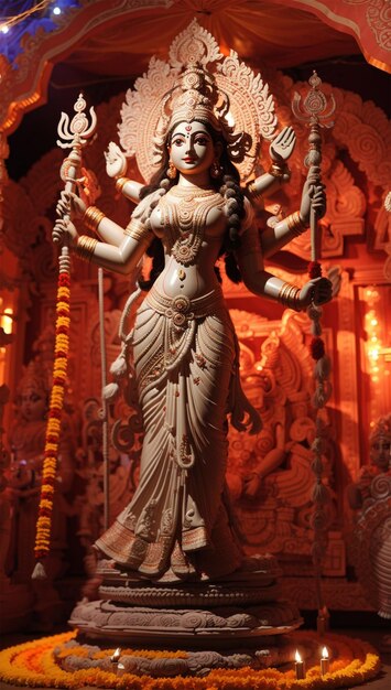 Godin Durga-idool bij versierde Durga Puja-pandal
