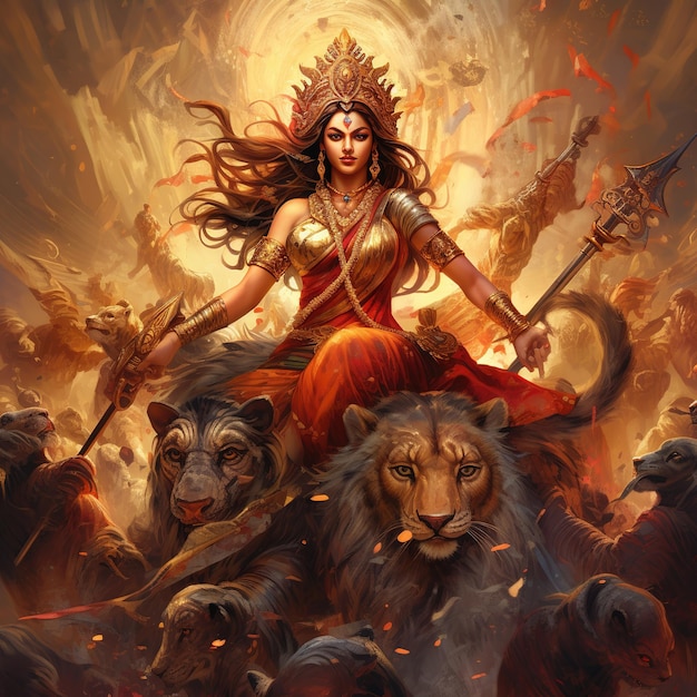 Godin Durga in Happy Durga Puja Subh Navratri met achtergrond