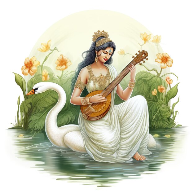 Foto godin saraswati happy vasant panchami puja zittend op lotus muziekinstrument ai generated