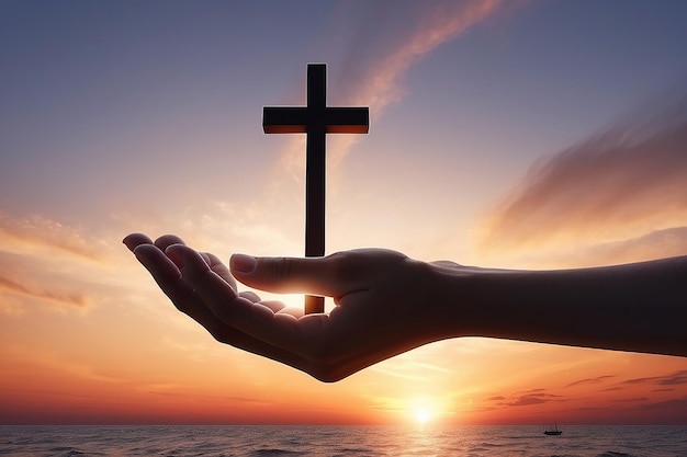 Photo gods helping hand with the white cross on sunset background da