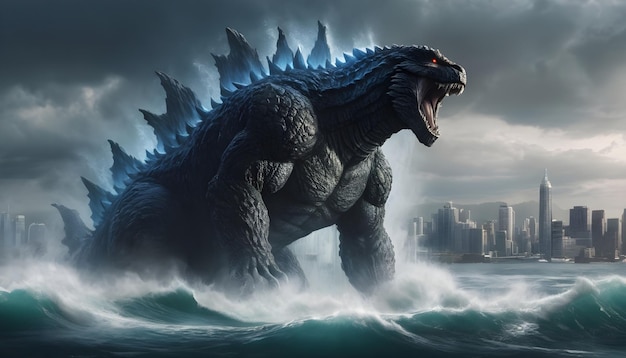 Godzilla emerging from the ocean depths water cascading down its colossal form