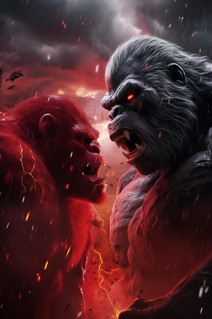 Godzilla and kong vs an evil red kong in the middle out on a stormy night in the style of realist