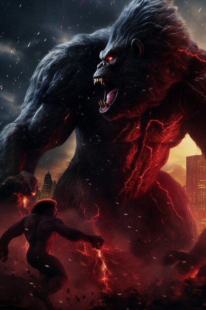 Foto godzilla e kong contro un malvagio kong rosso al centro in una notte di tempesta nello stile del realista